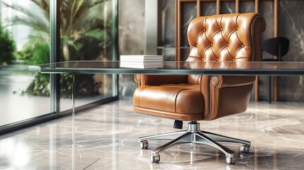 A luxurious leather executive chair positioned in front of a sleek glass office desk
