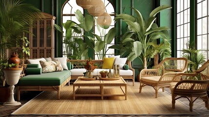 a green-carpeted living room inspired by a tropical oasis, complete with rattan furniture, exotic plants, and a calming ambiance