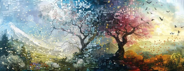 Eternal Seasons Dance: A Pixelated Journey from Spring Bloom to Winter’s Silence - obrazy, fototapety, plakaty