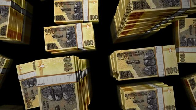 Zimbabwe money Zimbabwean dollars notes packs loop. 3D flight over ZWL 100 banknotes stacks towers. Loopable seamless abstract background concept of business, economy crisis and finance.