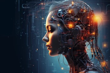 Illustration of artificial intelligence: girl robot head with visible neural network and board, symbolizing future technologies. AI generated - obrazy, fototapety, plakaty