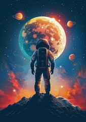 Astronaut Standing on Mountain Summit - obrazy, fototapety, plakaty