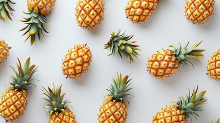 A 3D, high-resolution portrayal of pineapples in a creative pattern, top view against a stark white backdrop