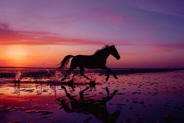a horse running on a beach - obrazy, fototapety, plakaty