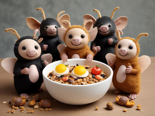 bee mole pig as puppets sitting around a white bowl having granola breakfast..