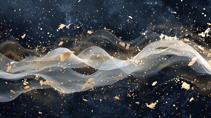 Obraz na płótnie Canvas An abstract blend of dark white and gold particles cascades over a navy background, illuminated by Christmas golden light shine at 24mm, creating a luxurious gold foil effect