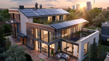 Modern eco friendly passive house with solar panels on rooftop. Home solar panel. Generative Ai