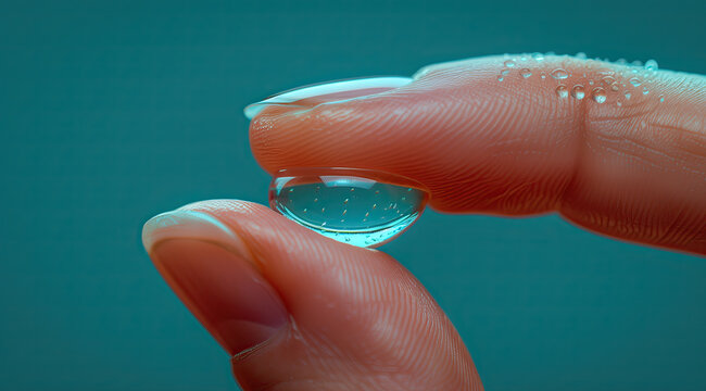 Dedos presionando una lentilla transparente limpi&aacute;ndola, flexible, cuidado de la vista, ilustraci&oacute;n para fines educativos, primer plano, recurso gr&aacute;fico, blog, web, campa&ntilde;as