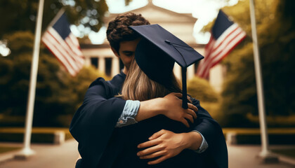 Two graduates share a congratulatory embrace, framed by American flags, marking a personal and patriotic milestone in their educational journey. - obrazy, fototapety, plakaty
