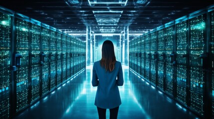 Woman utilizing cutting-edge technology embedded with advanced metadata for futuristic applications