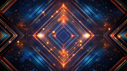 A vibrant digital artwork featuring a symmetrical tunnel illuminated by neon lights and abstract patterns.