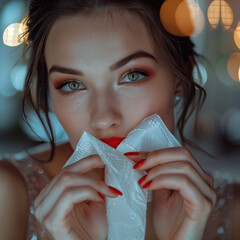 Mujer inolvidable, vestida y maquillaje de fiesta, primer plano, mirada penetrante, besando una servilleta blanca con los labios rojos carmesí, seductora, rodeada de reflejos de luz naranja, sensual - obrazy, fototapety, plakaty