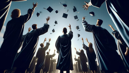 A group of graduates tossing their caps in celebration, captured against the backlight of a setting sun, embodying the joy and triumph of academic achievement. - obrazy, fototapety, plakaty