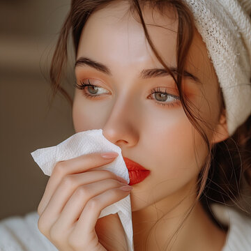 Joven enamorada, con la mirada perdida, primer plano, besando una servilleta blanca con los labios rojos, so&ntilde;ando, recordando encuentro o momento especial, po&eacute;tico