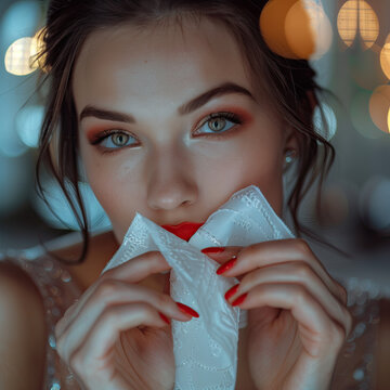 Mujer inolvidable, vestida y maquillaje de fiesta, primer plano, mirada penetrante, besando una servilleta blanca con los labios rojos carmes&iacute;, seductora, rodeada de reflejos de luz naranja, sensual