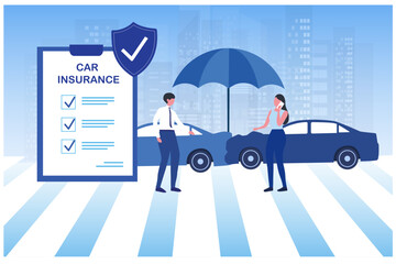Car accident insurance concept. Two cars crashed  and drivers calling to  agent for insurance claim vector illustration.
