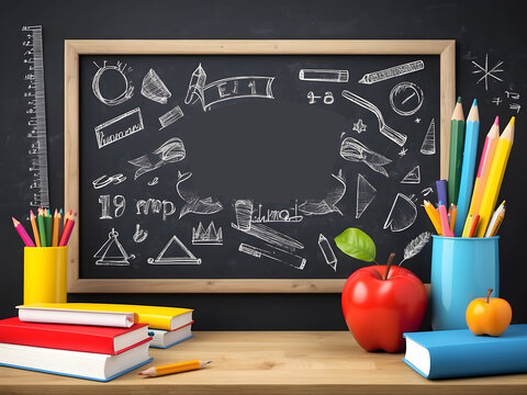 Happy Teachers Day, chalkboard, school ruler, pencil book design.