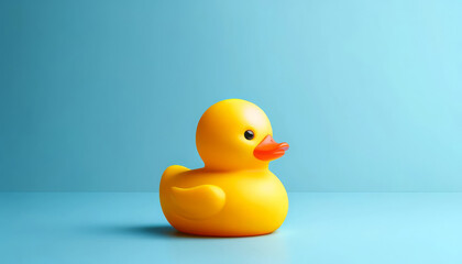 Bright yellow rubber duck on a blue background, ideal for businesses related to children's products, bath accessories, or playful branding concepts.