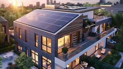 Modern eco friendly passive house with solar panels on rooftop. Home solar panel. Generative Ai - obrazy, fototapety, plakaty