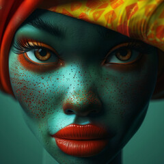 Beautiful fictional African woman with headscarf in red, green and yellow (African colors) for black history month