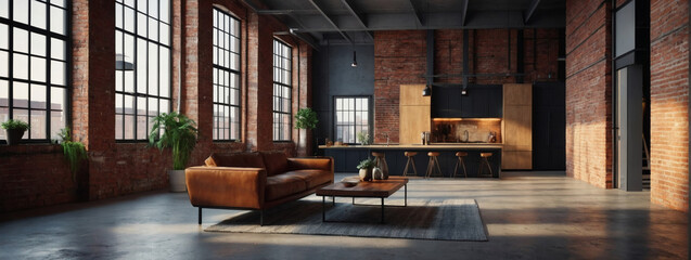Urban loft space with exposed brick walls. 3D rendering.