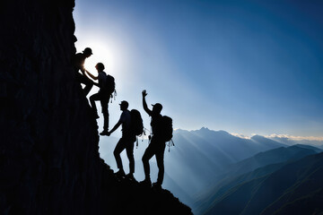 business. teamwork helping hand business travel silhouette concept. group team tourists lends...