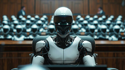 AI serves as judge and jury in courtroom, legal tech, front perspective, algorithmic ethics - obrazy, fototapety, plakaty