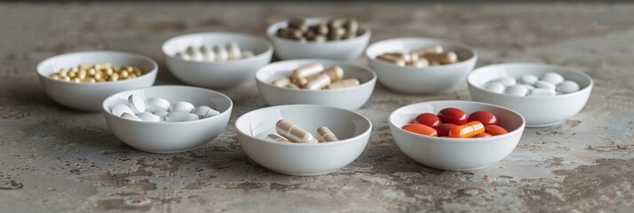 Vitamin Supplements in White Bowls A Monthly Wellness Routine Generative AI - obrazy, fototapety, plakaty