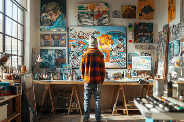 Artistic 3D cartoon figure painting, lively studio environment, creativity in action