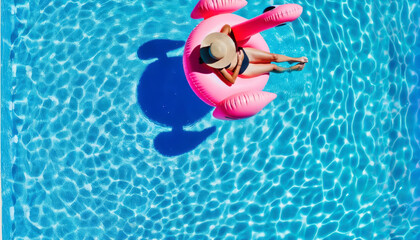 Top-down view of a woman in a hat on a pink flamingo float in a blue pool, perfect for summertime marketing.