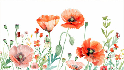 Beautiful summer card with watercolor red poppies. Greeting card, background for banner, card, cover. - obrazy, fototapety, plakaty