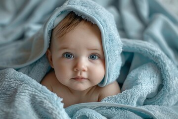 Highkey UHD photo of baby on stomach, towel, charming cabincore, beigeaquamarine