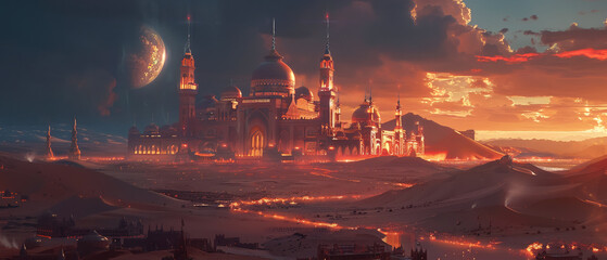 Ramadan meets scifi, desert illuminated by hightech lights, traditional vibes