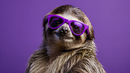 Obraz premium sloth sunglasses on purple background. the text space. copy space. for postcards , banners, posters, advertisements