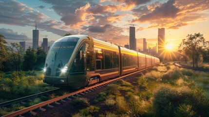Renewable energy powered electric train, sustainable public transportation scene