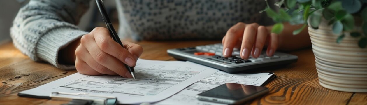 Person calculating government taxes online, tax return paperwork and financial report