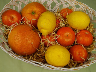 Fresh tangerines, lemons and grapefruits lie in the white wicker basket  on the green table,  a delicious gift
