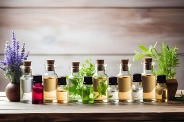  Assorted essential oils and herbs in bottles on a wooden table.