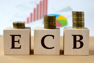 ECB - abbreviation on wooden balls on a background of coins and graphics. - obrazy, fototapety, plakaty