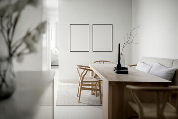 Mockup of two poster frames (Din A) in the dinning room interior. Minimalistic apartment design: Light gray interior with a poster frame. Laconic apartment design: light room with beige accents - obrazy, fototapety, plakaty