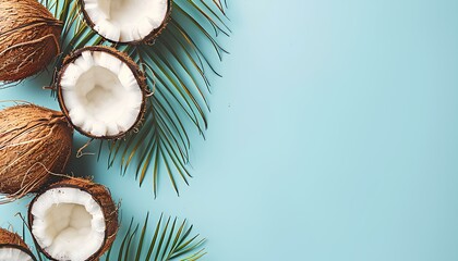 Fototapeta na wymiar Coconuts and palm leaves isolated on light blue background top view flat lay. Summer composition with coconuts. Coconut and palm leaf border frame. Beach composition top view