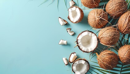 Coconuts and palm leaves isolated on light blue background top view flat lay. Summer composition...