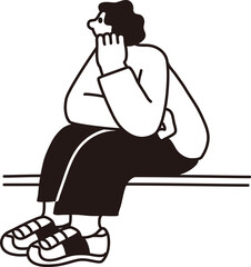 座って考える女性、線画、ベクター