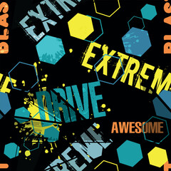 Abstract sport extreme pattern. With slogan, bricks, paint drips, words in graffiti style. Graphic urban design for textiles, sportswear, prints.