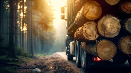 Foto op Plexiglas a stack of wooden logs in big trailer vehicle. © JovialFox
