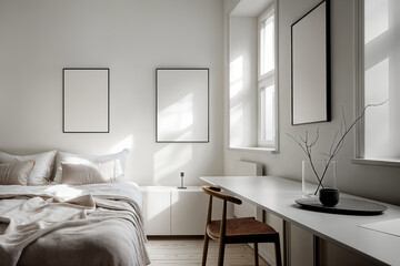 Mockup of three poster frames (Din A) in a bedroom interior. Minimalistic apartment design: Light gray interior with a poster frame. Laconic apartment design: light room with beige accents