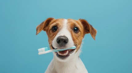 Photo portrait of a cheerful Jack Russell Terrier with a toothbrush on a light blue background, illustrating the importance of dental care for dogs - obrazy, fototapety, plakaty