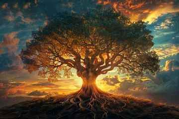  Craft a scene where religion is represented by a sacred tree of life, its branches reaching towards the heavens and its roots delving deep into the earth, symbolizing the interconnectedness © Izhar