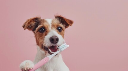 The portrait of Jack Russell's dog demonstrates the dental care procedure with a toothbrush on a soft pink background. A charming image of a pet wellness practice - obrazy, fototapety, plakaty