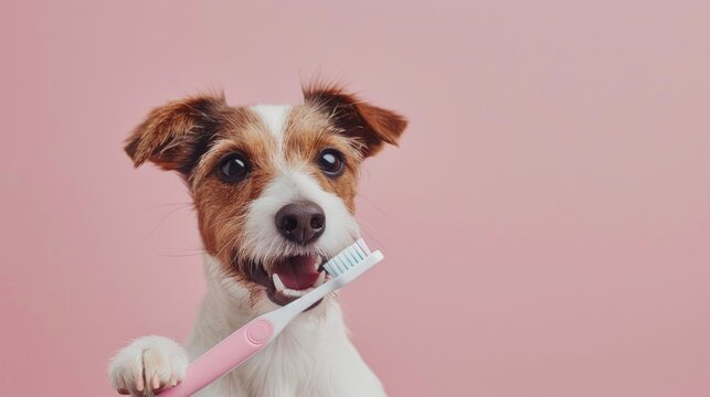 The portrait of Jack Russell's dog demonstrates the dental care procedure with a toothbrush on a soft pink background. A charming image of a pet wellness practice